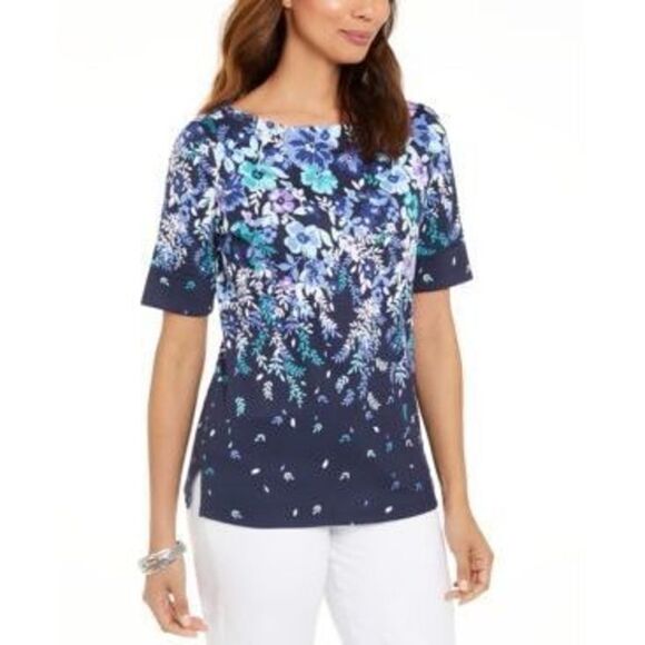 Karen Scott Floral-Print Elbow-Sleeve Top S - Picture 1 of 1